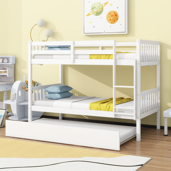 Twin Over Twin Rubber Wood Bunk Bed with Trundle, Convertible into Twin Size Beds, Twin Size Bunk Bed with Ladder and Safety Guardrails, White