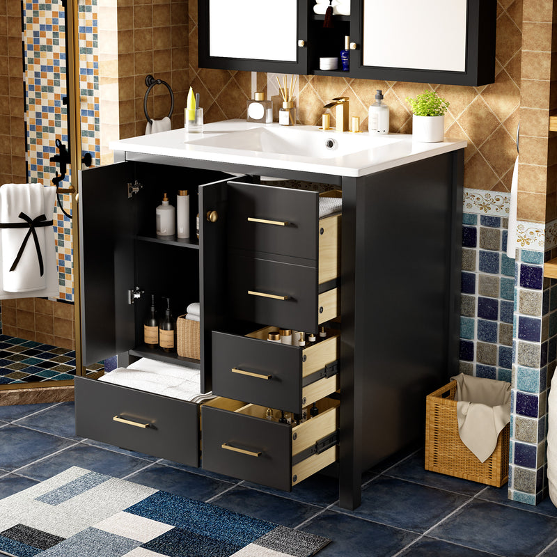 30'' Bathroom Vanity with Ceramic Sink Combo, Solid Wood Frame Bathroom Storage Cabinet, Freestanding Vanity Set with 4 Drawers& Soft Closing Doors, Black
