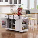 K&K 53inch Large Kitchen Island with 2 Bar Stools, Power Outlet,Door Internal Storage Rack, Kitchen Storage Cart on 5 Wheels with Drop Leaf, 5 Open Side Racks, 3 Drawers, for Kitchen,Dining Room,White