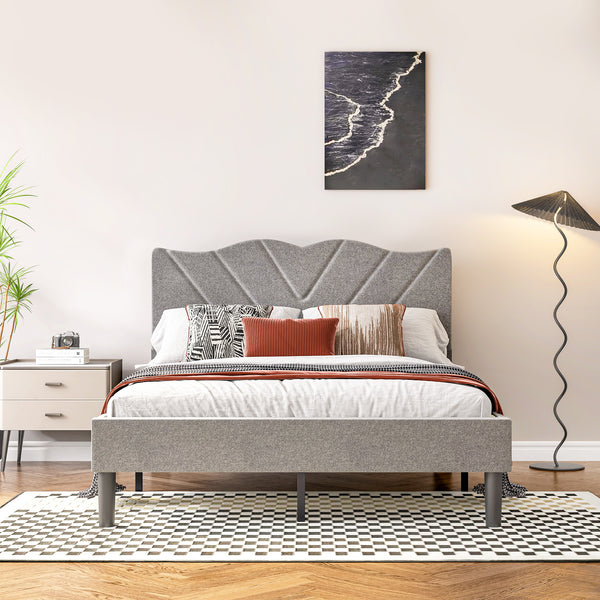 Full Size Modern Platform Bed Frame with Upholstered Headboard & Wooden Slats - No Box Spring Needed, Easy Assembly, Grey