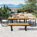 6-Piece Outdoor Dining Set, Acacia Wood, 1 Table with 4 Chairs & 1 Bench for 6-7 Person, Comfortable Cushions on Chairs, Adjustable Feet, for Patio, Garden, Backyard Dining, Beige Cushion
