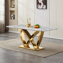 Marble Dining Table for 6 People, 70'' Rectangle Faux Marble Dining Table with Mirrored Finish Stainless Steel Base, Modern Large Size Marble Kitchen Table (Gold,Gray)(only table)