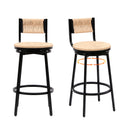 Rustic Honey Swivel Bar Stools with Handwoven Paper Rope Back and Seat in Black Metal Frame, Set of 2