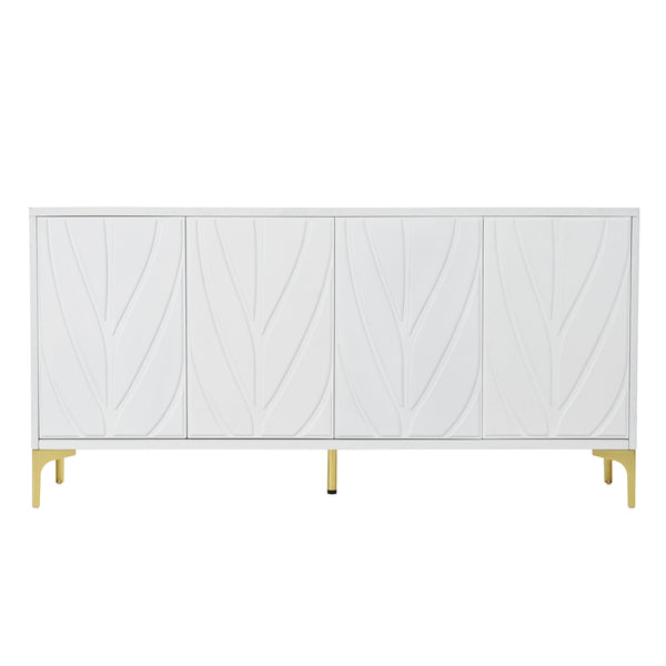 Creative Carved 4-Door Sideboard with Handleless Press-to-Open Design in White MDF and Solid Wood