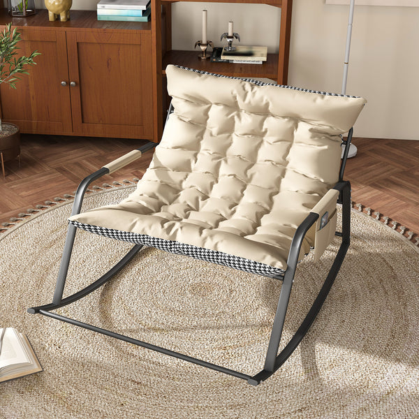 Rocking Chair with Storage, Cushions & Armrests, All-Season Comfort Lounge Recliner, Breathable Ergonomic Lounge Chair for Bedroom, Living Room, Patio, Garden(Off White)