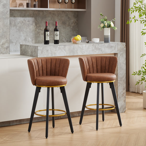 Counter Height Bar Stools Set of 2, 360° Swivel Upholstered Barstools with Backs and Metal Legs, 26' H Seat Height, Velvet Fabric,Goldy Footrest  (BROWN)