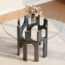 Round Tempered Glass Dining Table, Black MDF Sculptural Geometric Base, Compact 2-4 Person Kitchen Table for Small Spaces Home/Apartment Modern Dining Room Furniture