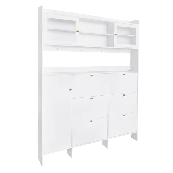 ON-TREND Multifunctional Tipping Bucket Shoe Cabinet with Storage Shelf & 6 Flip Drawers, Large Hall Tree with Tempered Glass Doors, Foyer Cabinet with 4 Hooks for Hallway, White