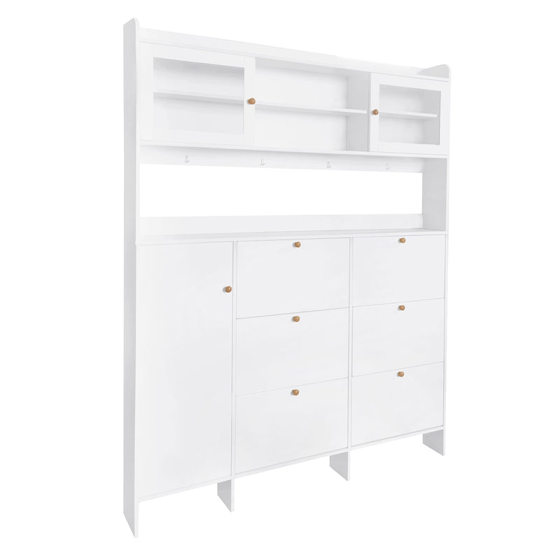 ON-TREND Multifunctional Tipping Bucket Shoe Cabinet with Storage Shelf & 6 Flip Drawers, Large Hall Tree with Tempered Glass Doors, Foyer Cabinet with 4 Hooks for Hallway, White