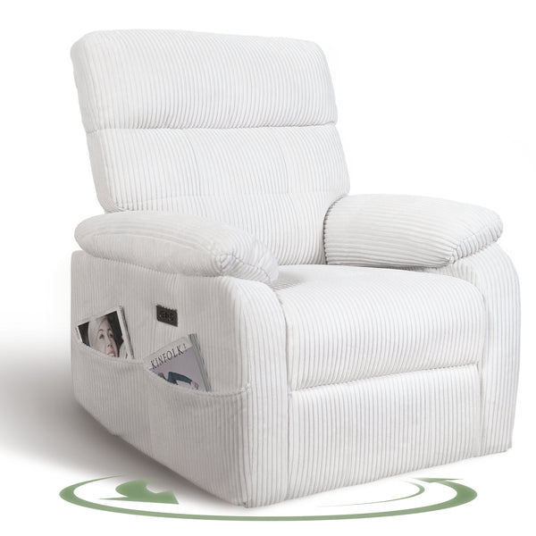 Power Swivel Rocker Recliner Chair, Oversized Recliner Chairs for Adults, Corduroy Overstuffed Reclining Chair with USB and Type-C Ports for Living Room, White