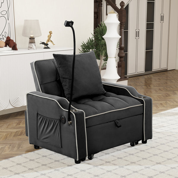 Convertible Single Chair Bed,3 in 1 Velvet Futon Sleeper Sofa Bed with Phone Holder&USB Ports,Pull Out Couch Bed,Adjustable Recliner Armchair bed for Living Room,Office,Small Places(Black)