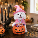 Halloween White Teddy Puppy Figurine, Witch Dog Holding Pumpkin Candy Bowl Decoration