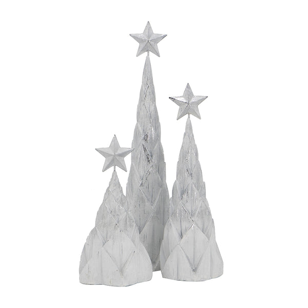 Set of 3 Resin White/Silver Foil Christmas Tree With Star Top, L:4x4x16' M:4x4x12' S:4.5x4.5x8.8'