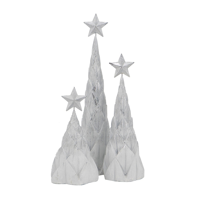 Set of 3 Resin White/Silver Foil Christmas Tree With Star Top, L:4x4x16' M:4x4x12' S:4.5x4.5x8.8'
