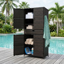 K&K 76.4' Tall Wicker Outdoor Storage Cabinet with One Large Drawer, 4-Door Outdoor Rattan Vertical Storage Shed with Adjustable Shelves, Pool Storage Organizer for Garden, Backyard, Brown & Black
