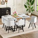 7-Piece Rectangular Dining Table Set, Fixed White Faux Marble & Wood Grain Triamine Tabletop with 6 White Oil-Waxed Leather Chairs, Modern Kitchen Table Set for 6 People, Ideal for Small Spaces