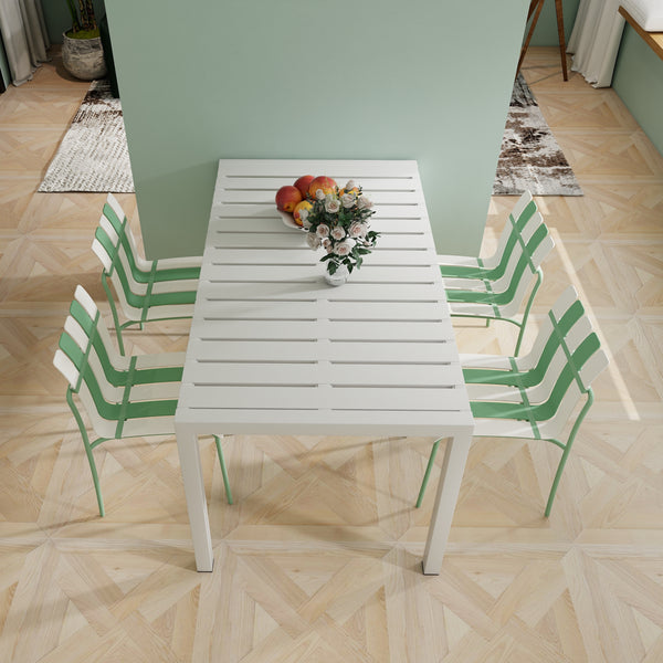 4-Pack Modern Striped Color Block Chairs - Waterproof PP Seat & Sturdy Metal Legs(White & Green) with 55 Inch White Modern Long Table - Indoor/Outdoor- Lightweight PP Tabletop with Metal