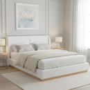 Modern White Bouclé Winged Bed Frame with Enclosed Wood Base, Queen Size