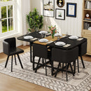 7 Piece Dining Table Set with 6 Black PU Chairs, Two-Tone Black & Wood Grain Rectangular Kitchen Table (Triamine Board), Modern Dining Room Furniture Set for Small Space, Apartment, Restaurant