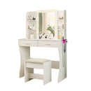 Vanity Desk Set with Mirror & Adjustable Lights, Power Outlet and Hair Dryer Rack, 2 Drawers and 6 Shelves, Includes Cushioned Stool, White MDF