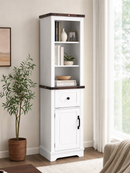 Narrow cabinet,Bathroom Storage Cabinet, Farmhouse Storage Cabinet with Adjustable Shelves & Storage Drawer, Tall Linen Tower for Bathroom, Living Room, White with black walnut color (top)