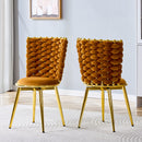Set of 2 modern luxury velvet woven decorative dining chairs, equipped with gold metal legs and cushioned dining chairs with woven rope backrests, suitable for dining rooms, living rooms -Orange