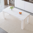 71 × 31.5 inch white marble patterned MDF spliced tabletop dining table with grooved legs design. Home dining table, suitable for 6-8 people. Flexible adaptation to restaurants, living rooms, etc.