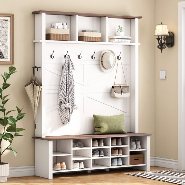 ON-TREND Farmhouse 4-in-1 Hall Tree with 6 Hooks, Practical Walnut Entryway Bench with Adjustable Shelves,  Wooden Style Rustic Shoe Organizer with 16 Open Compartments for Mudroom, Living Room, White