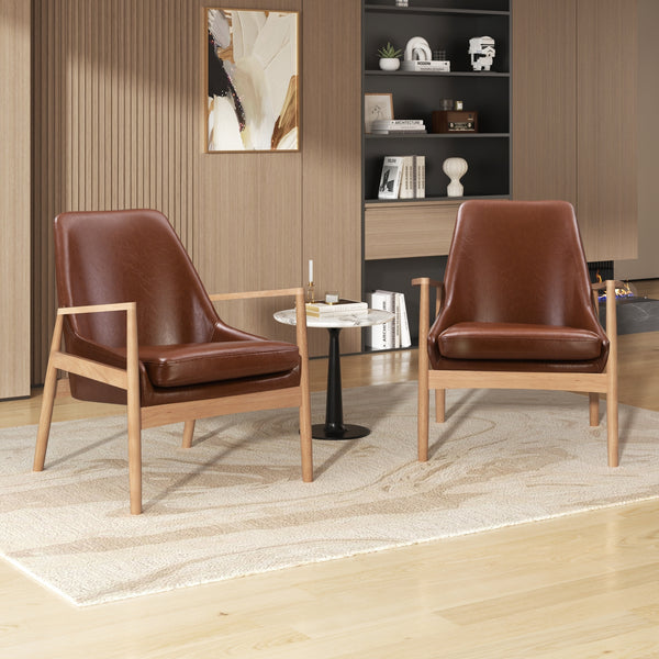 U-Can PU Leather Accent Chair Set of 2, Mid-Century Modern Armchair with Solid Wood Frame, Reading Leisure Chair with High Back for Living Room