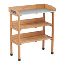30″x14.5″×35.5″ Potting Table w/Metal Tabletop, 3 Layers Outdoor Work Bench w/Hook for Garden, Solid Wood Workstation for Garage