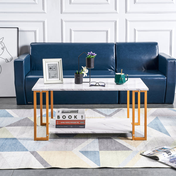 D&N Coffee Table, 2 Layers 1.5cm Thick Marble MDF Rectangle 39.37' L Tabletop Iron Coffee Table , Dining Room, Coffee Shop, Resterant, White Top, Gold Leg