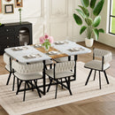 7-Piece Rectangular Dining Table Set, Fixed White Faux Marble & Wood Grain Triamine Tabletop with 6 Beige Velvet Chairs, Modern Kitchen Table Set for 6 People, Ideal for Small Spaces, Apartment
