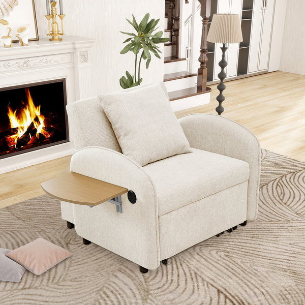 Convertible Single Chair Bed, 3 in 1 pull-out sofa bed comes with a computer board and USB ports. It can be used for both work and relaxation for various scenarios(Beige)