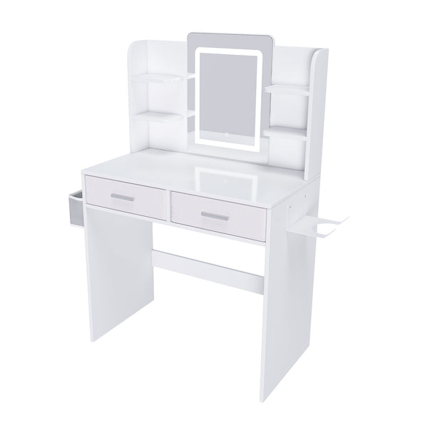 Elegant LED Mirror Vanity Dressing Table with Adjustable Lights, Drawers & Storage, White MDF, 27.56 x 15.75 Inches