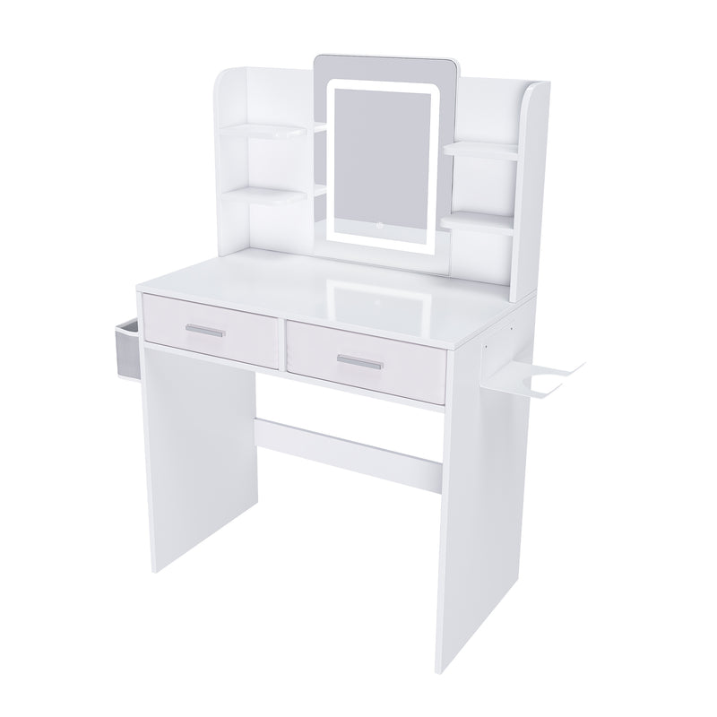 Elegant LED Mirror Vanity Dressing Table with Adjustable Lights, Drawers & Storage, White MDF, 27.56 x 15.75 Inches