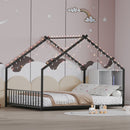 Full size children's bed frame with LED light strips, roof-shaped iron frame bed, Black,78.5' L x 55.9' W x 58.4' H.