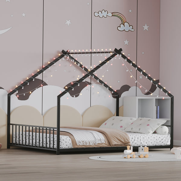Full size children's bed frame with LED light strips, roof-shaped iron frame bed, Black,78.5' L x 55.9' W x 58.4' H.