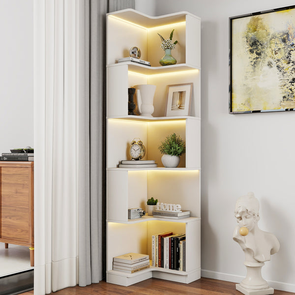 Corner Book Shelf - 5 Tier Corner Bookshelf  Bookcase with Baffle, Freestanding L Shaped Display Shelf Stand for Home Office, Living Room, Bedroom, Kitchen