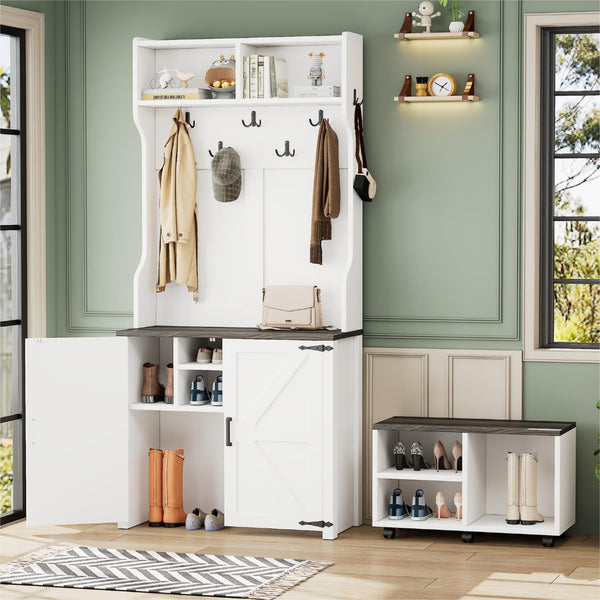 ON-TREND Farmhouse 4-in-1 Hall Tree with Barn Doors, Movable Bench with 7 Hanging Hooks and Shoe Storage Cabinet, 76.9'H Entryway Coat Rack with 6 Brake Wheels for Hallway, Living Room, White