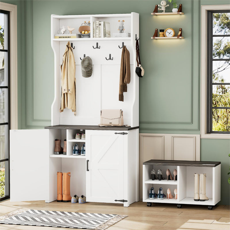 ON-TREND Farmhouse 4-in-1 Hall Tree with Barn Doors, Movable Bench with 7 Hanging Hooks and Shoe Storage Cabinet, 76.9'H Entryway Coat Rack with 6 Brake Wheels for Hallway, Living Room, White