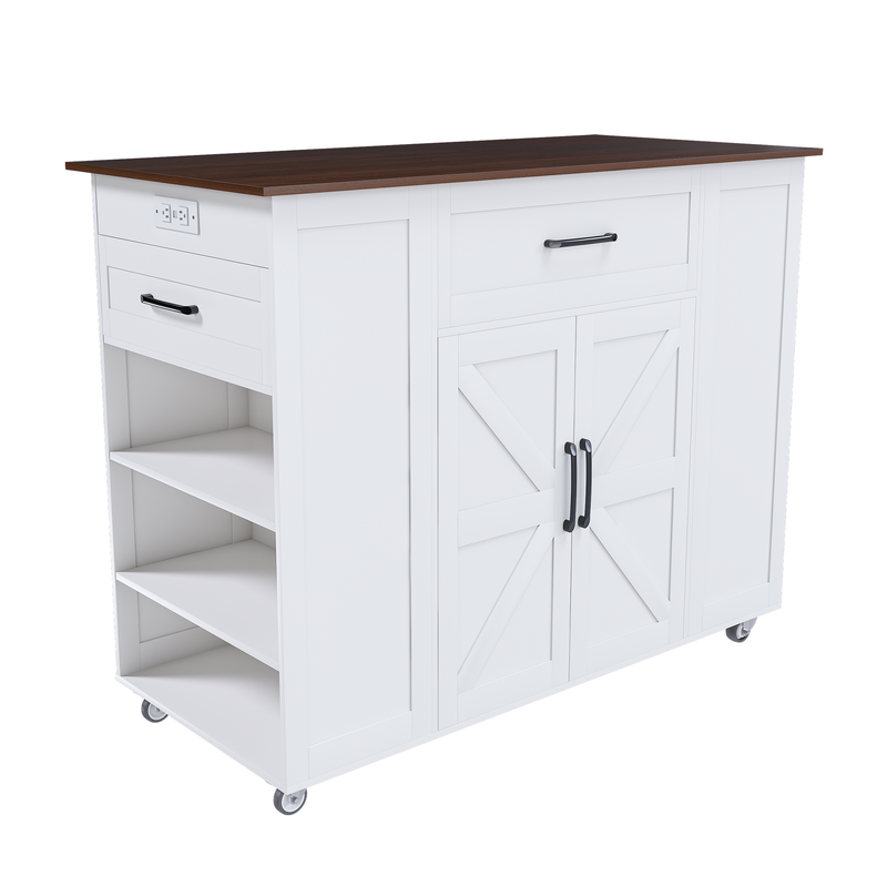 Rustic Movable Kitchen Island on Wheels with Storage & Power Outlet, White MDF Frame with Wood Top, 46'