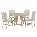 TREXM Retro 5-Piece Dining Set with Extendable Round Table and 4 Upholstered Chairs, Natural Wood Finish