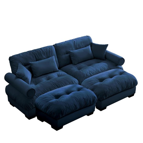 Modern Oversized Two-Seater Sofa with Ottoman, Velvet Blue, Round Bolster Armrests, Waist Pillow and Throw Pillows