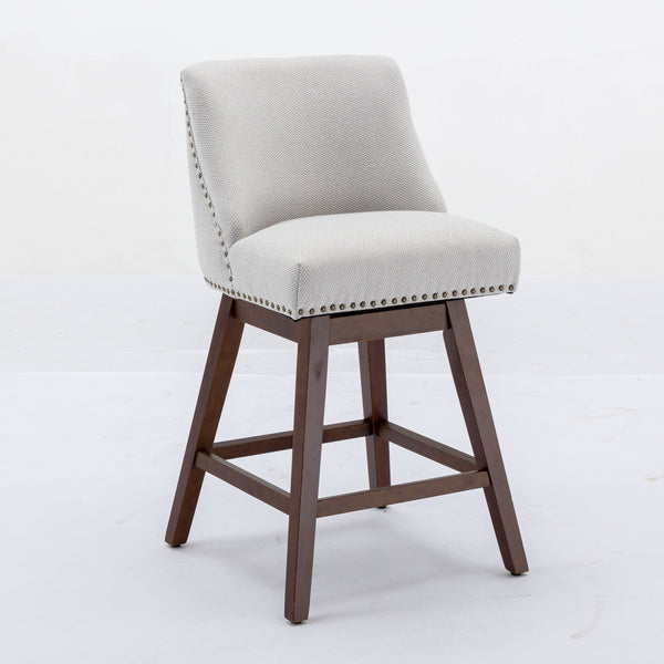 Ivory Upholstered Counter Height Swivel Barstools Set of 2, 26'' H Seat, Fabric and Rubber Wood