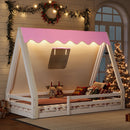 Twin Size House Floor Bed with Tent and Light, Solid Wood Teepee Floor Bed with Full-length Guardrails, Montessori and Childlike Design, White+Pink