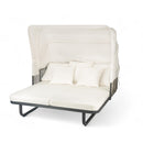 Outdoor Patio Daybed with Detachable Pillows, Retractable Sunshade, Beige Rattan, Iron Frame, 57'