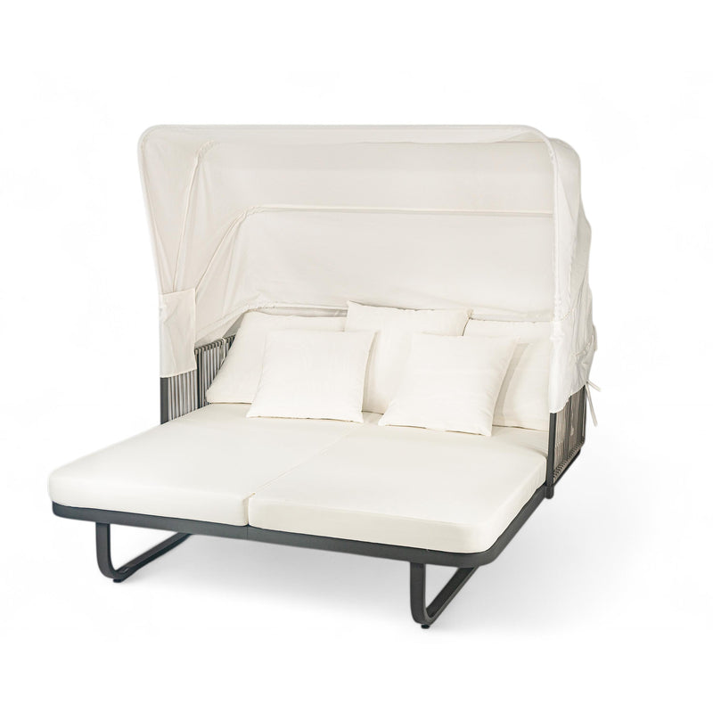 Outdoor Patio Daybed with Detachable Pillows, Retractable Sunshade, Beige Rattan, Iron Frame, 57'