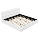 White Upholstered Platform Bed, King Size with Stitched Headboard and Slat Support, Fabric-Clad Wood Frame