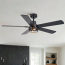 52' Modern Farmhouse Industrial Ceiling Fan with Light, Dual‑Sided Matte Black & Wood Grain Blades, Reversible DC Motor, 6‑Speed Timer Remote, Metal Cage, E12 Compatible, Bulbs Not Included
