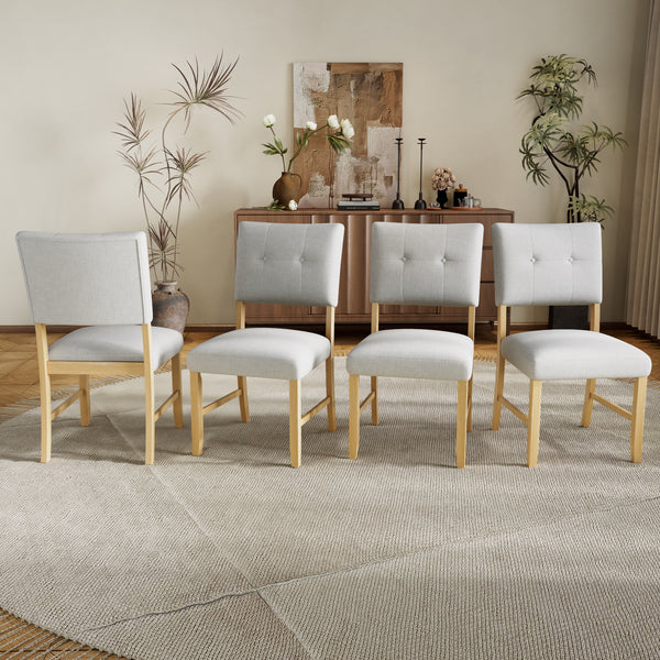 Wooden Dining Chairs Set of 4, Modern Fabric Upholstered Kitchen Side Chairs, Farmhouse Dining Room Chair with Solid Wood Legs and Padded Seat, Beige + Natural Wood Wash
